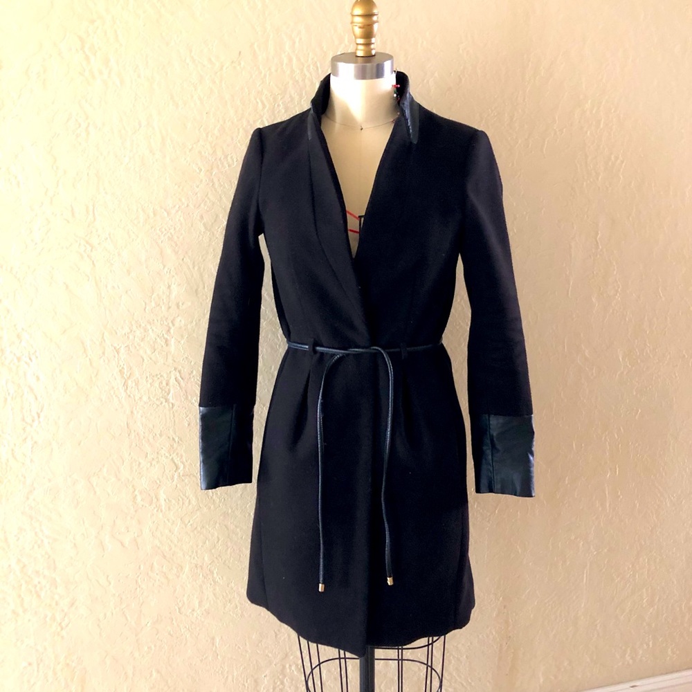 Long dress coat with faux leather details